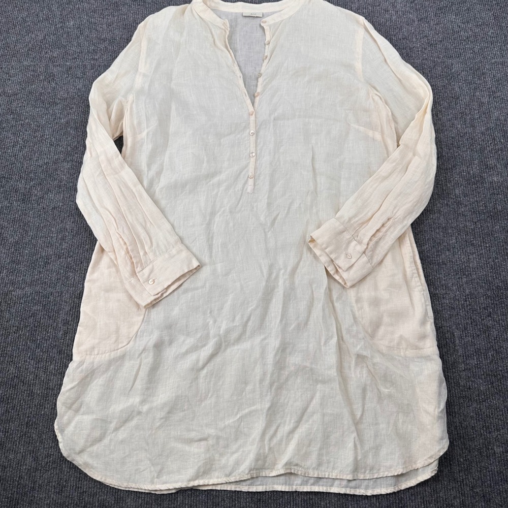J.Jill Linen Tunic Womens Medium Long Sleeve Henley Pockets Cream Modern Casual